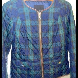 Talbots Black Watch Quilted Jacket w/ brown faux leather trim.